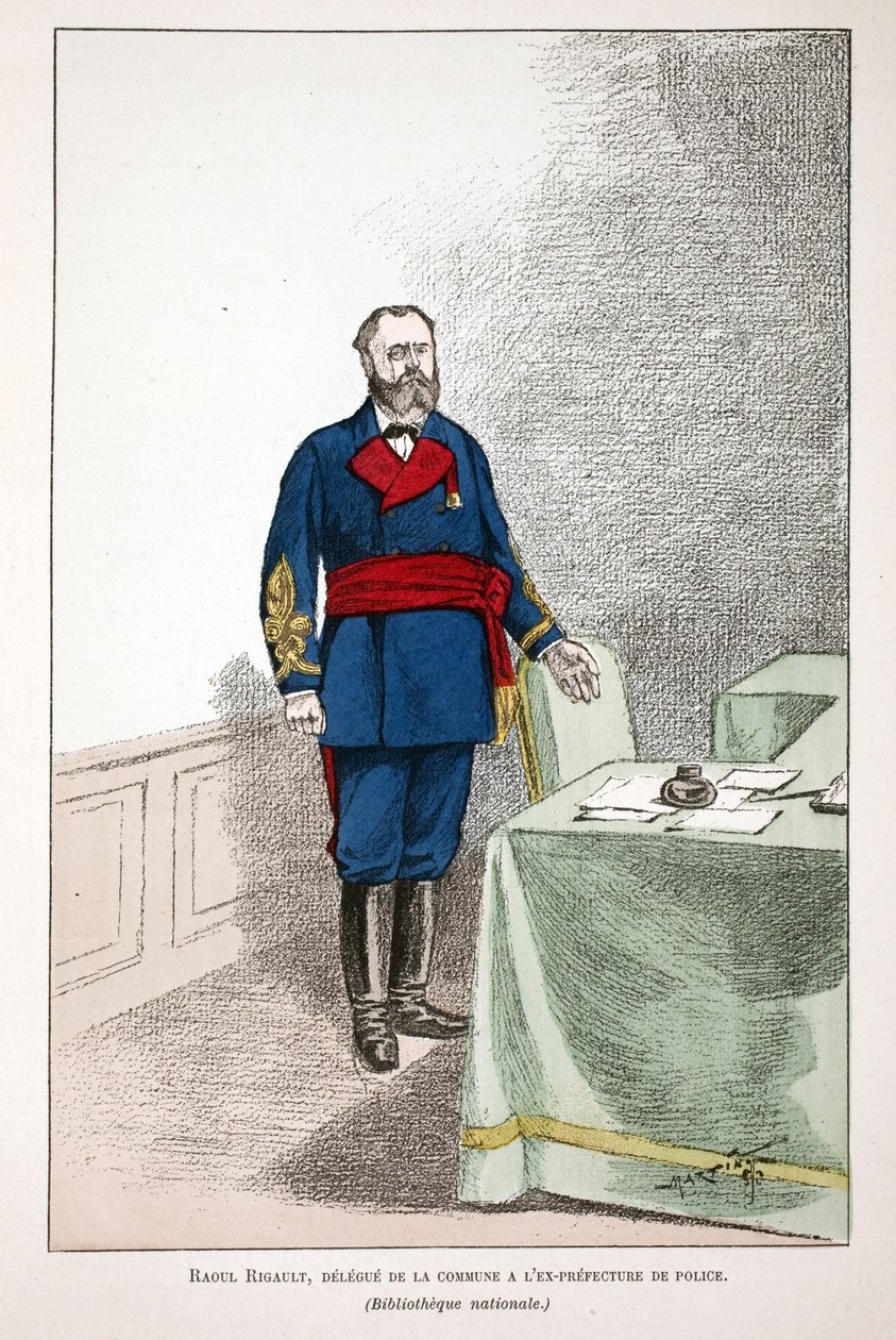 Raoul Rigault (1846-1871), delegeret for kommunen til det tidligere politipræfektur. Radering i farver, til illustration "" History of the Corps of Peacekeepers""" bog udgivet i regi af Louis Lepine (1846-1933), præfekt for politi d. af Unknown artist