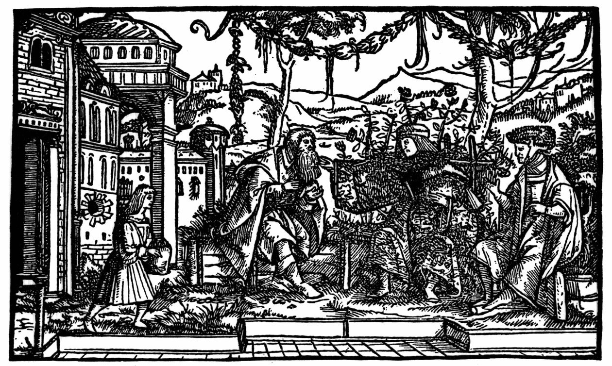 Raphaël Hythlodée, en rejsende, der tilbragte fem år i Utopia, fortæller Thomas More og Pierre Gilles om sin rejse. Xylografi udgivet i udgaven af "Utopia" af Thomas More (1478 - 1535) fra 1516. af Unknown artist
