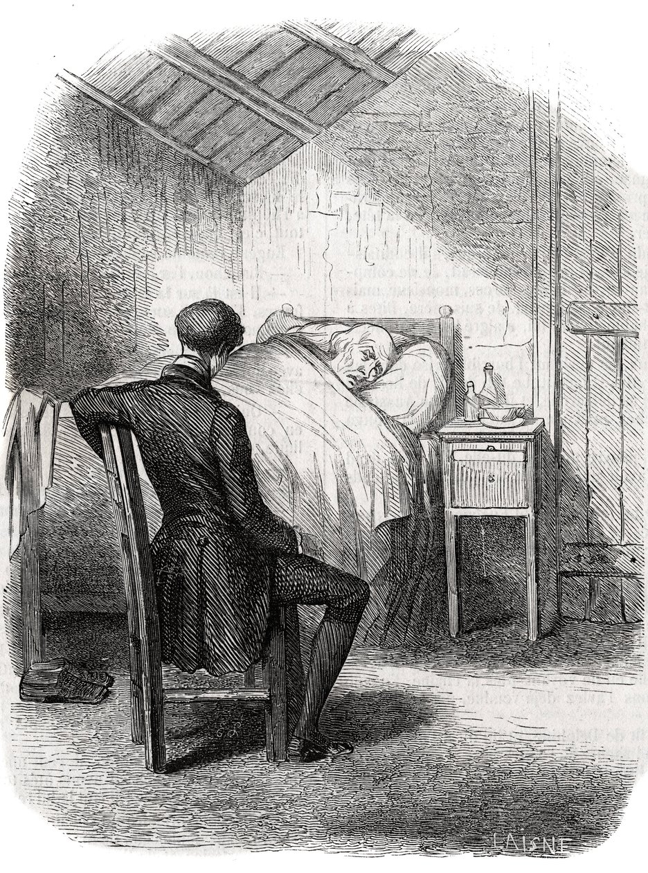 Rastignac forblev alene i nærheden af den gamle mand, der sad ved fodenden af sengen... Gravering midt i det 19. århundrede. Illustration til "The Father Goriot" af Honore de Balzac (1799-1850). af Unknown artist