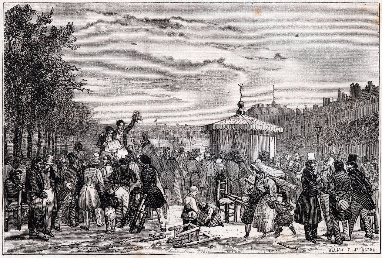 Reading of the rulings published in newspaper Moniteur in the gardens of Royal Palace in Paris july 26, 1830 during civil war - Revolution 1830 - Lecture des prescriptions dans Le Moniteur, au jardin du Palais-Royal, le 26 juillet 1830 a 7 heures du soir - af Unknown