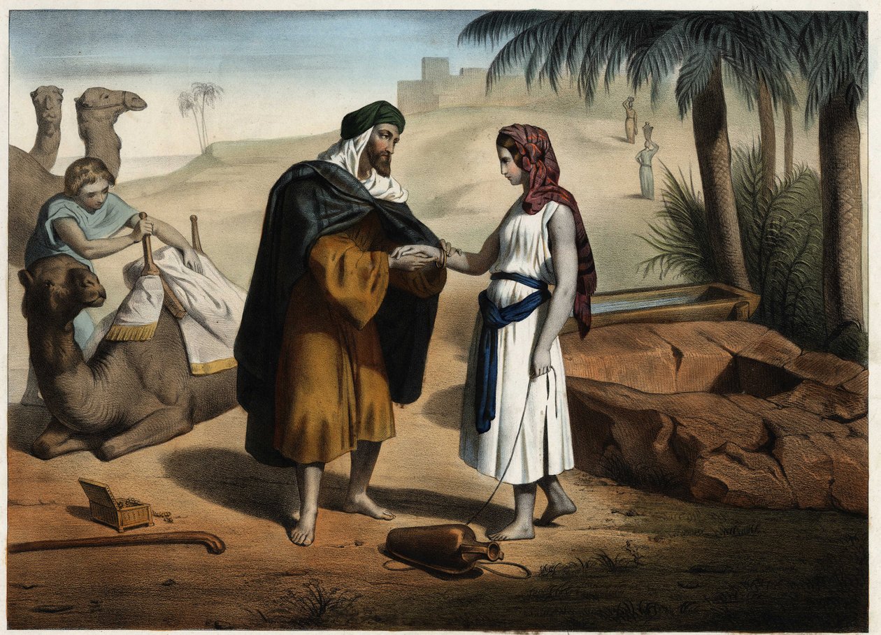 Rebekka og Eliezer til brønden: Eliezer fra Damaskus, der blev anklaget for at finde en hustru til Isak i Mesopotamien, bringer Rebecca tilbage. Anonym gravering af det 19. århundrede. af Unknown artist