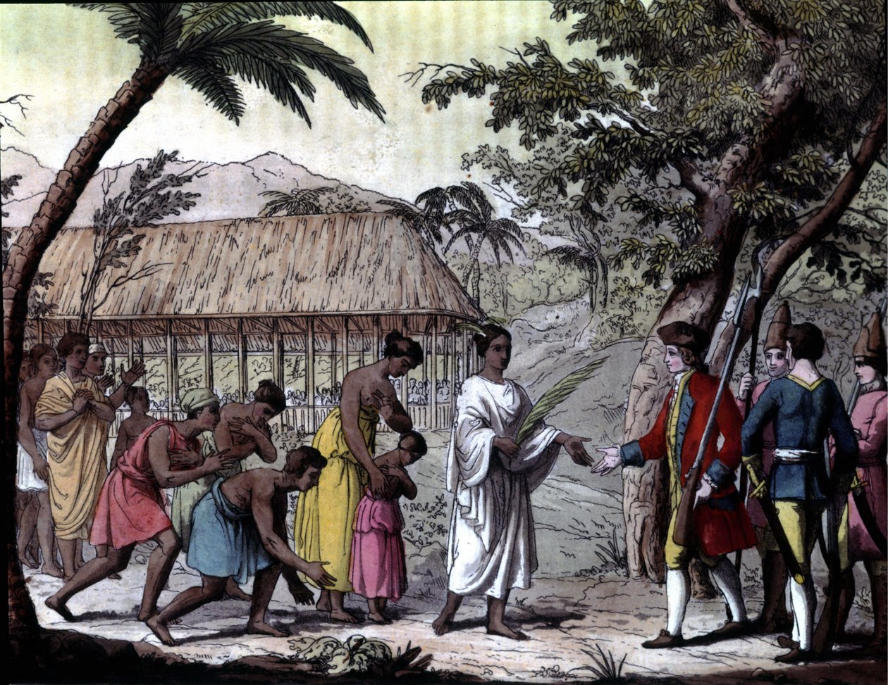 Modtagelse af navigatøren Samuel Wallis af dronning Oberea på Tahiti. "" Navigations of Cook", Milano af Unknown artist
