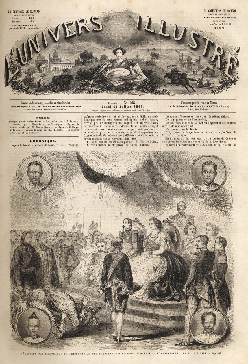 Modtagelse af siamesiske ambassadører af kejser Napoleon III og kejserinde Eugenie i slottet Fontainebleau, 27. juni 1861 - "Modtagelse af de siamesiske ambassadører af Napoleon III og kejserinde Eugenie"": I den store balsal Henrik II på slottet i Fo af Unknown artist