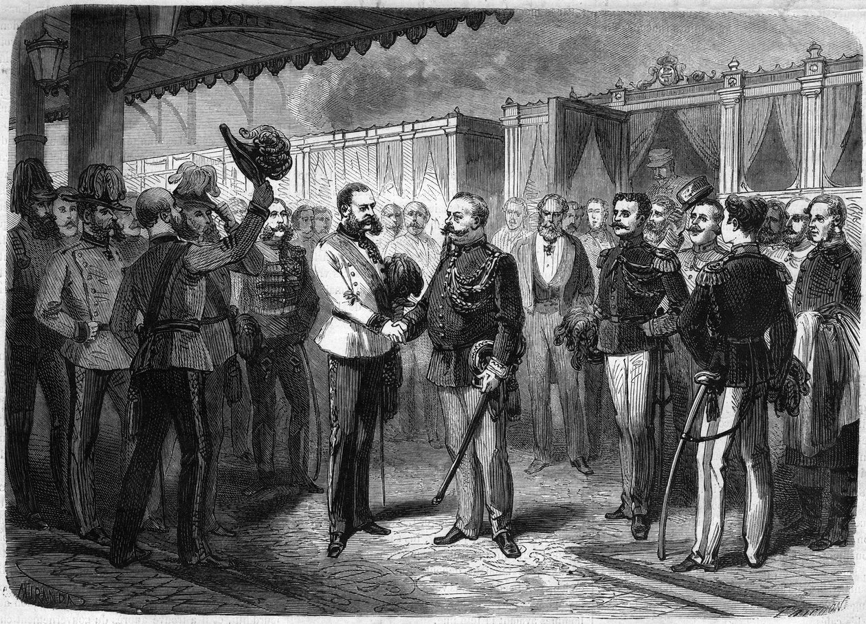 Modtagelse af kongen af Italien Vittorio Emanuele II (Victor Emmanuel) (Victor Emmanuel) (1820-1878) af kejseren af Østrig Francois Joseph I (Francois-Joseph) (1830-1916) i Wien i 1873. Indgravering i "" Den Illustriøst univers"" af Unknown artist