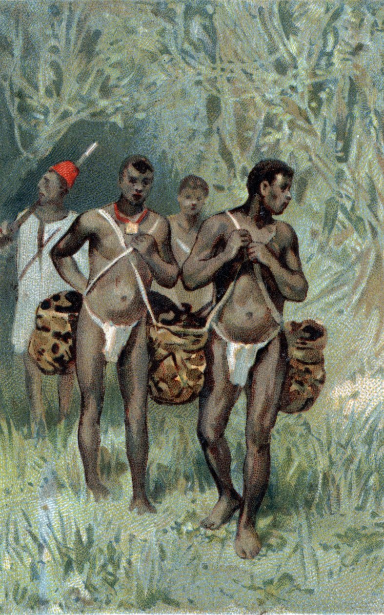 Resoling gummi i Congo. Kromolitografi i slutningen af det 19. århundrede. af Unknown artist
