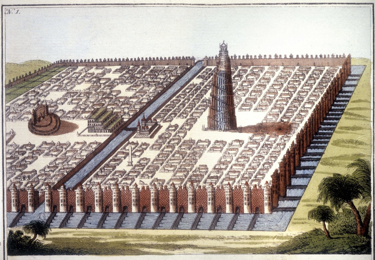 Rekonstrueret udsigt over den antikke by Babylon med indhegningen, de hængende haver og ziggurat. af Unknown artist