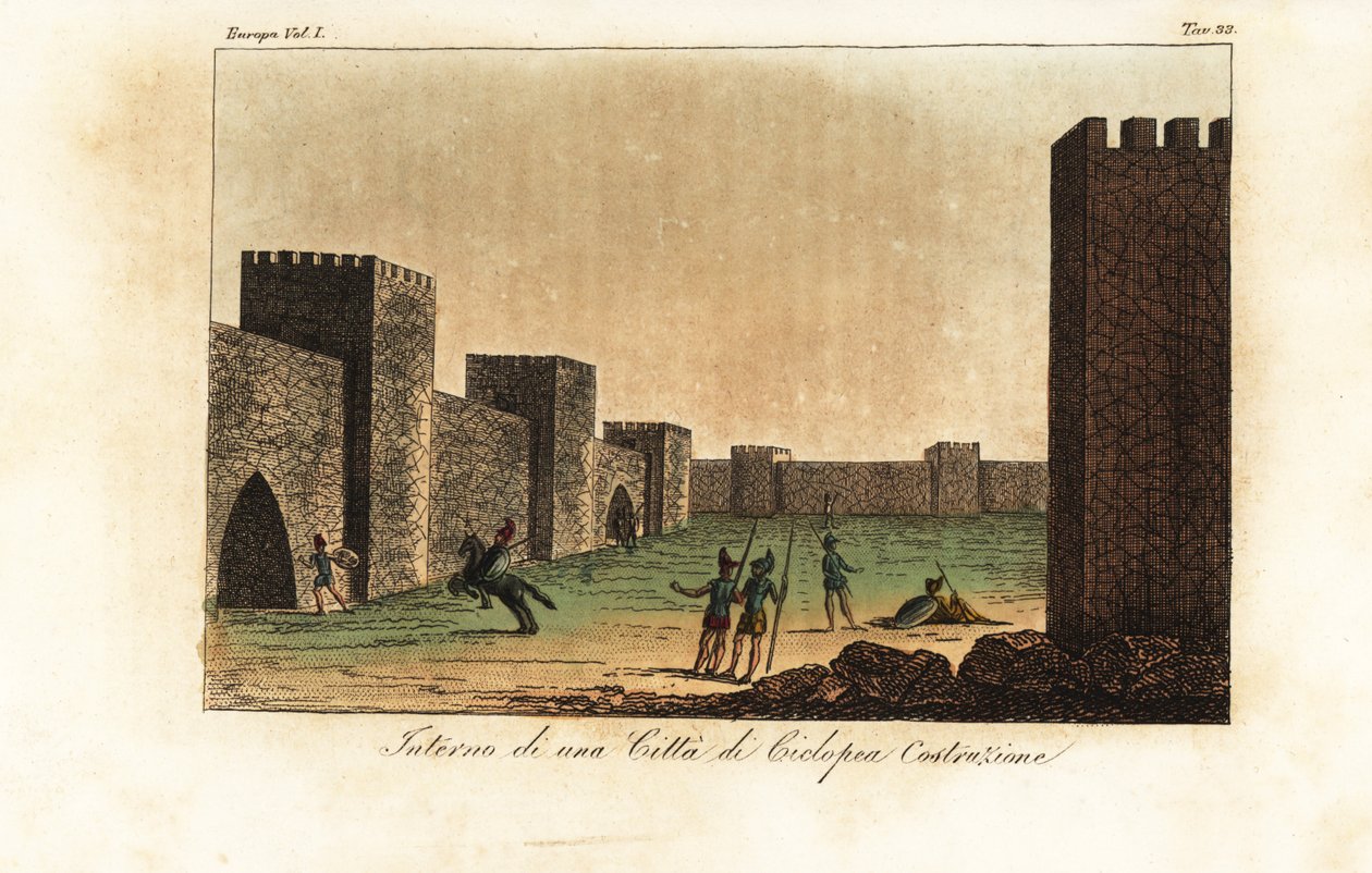 Rekonstruktion af det indre af en by bygget i cyklopisk murværk, mykensk arkitektur af Unknown artist