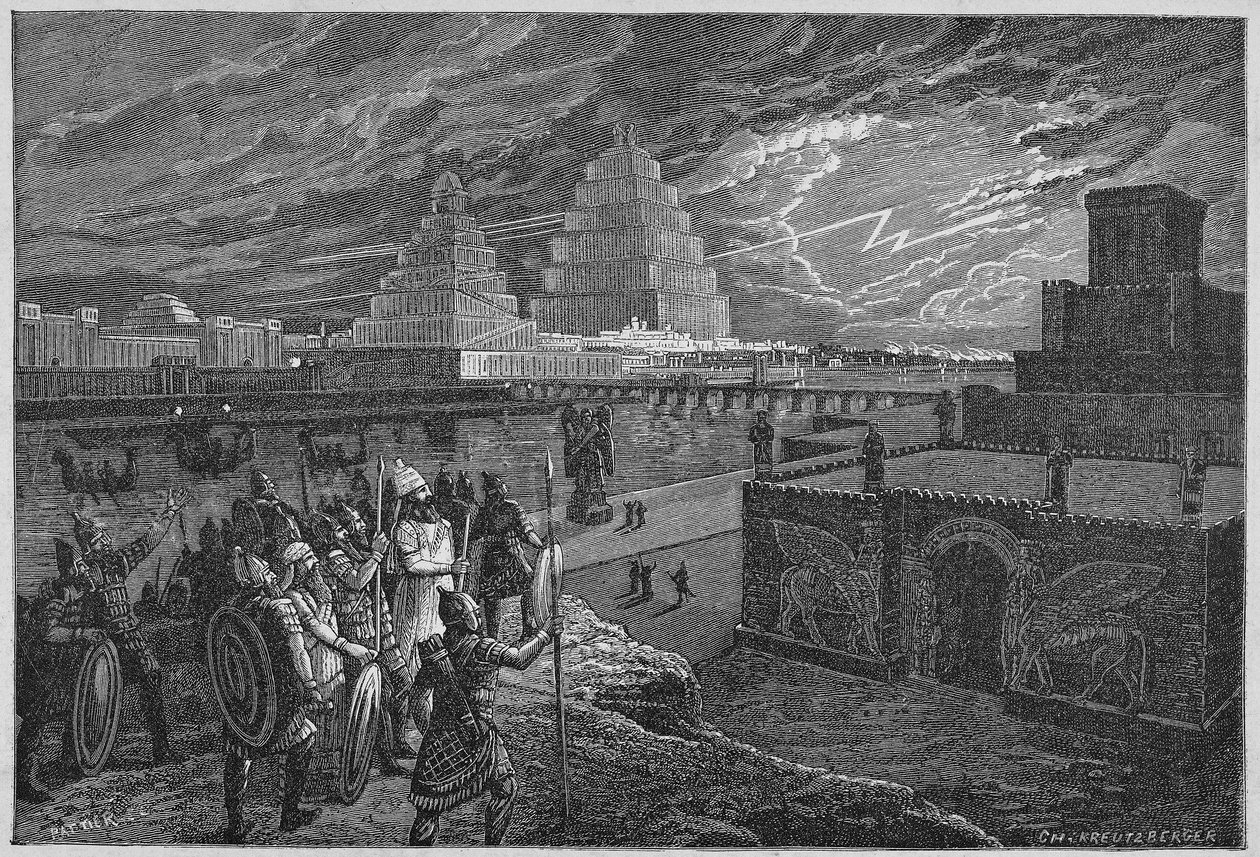 Genopbygning af templerne og paladserne langs Babylons flod - Mesopotamien: genopbygning af byen Babylon, bygget under kong Nebukadnezar II. af Unknown artist