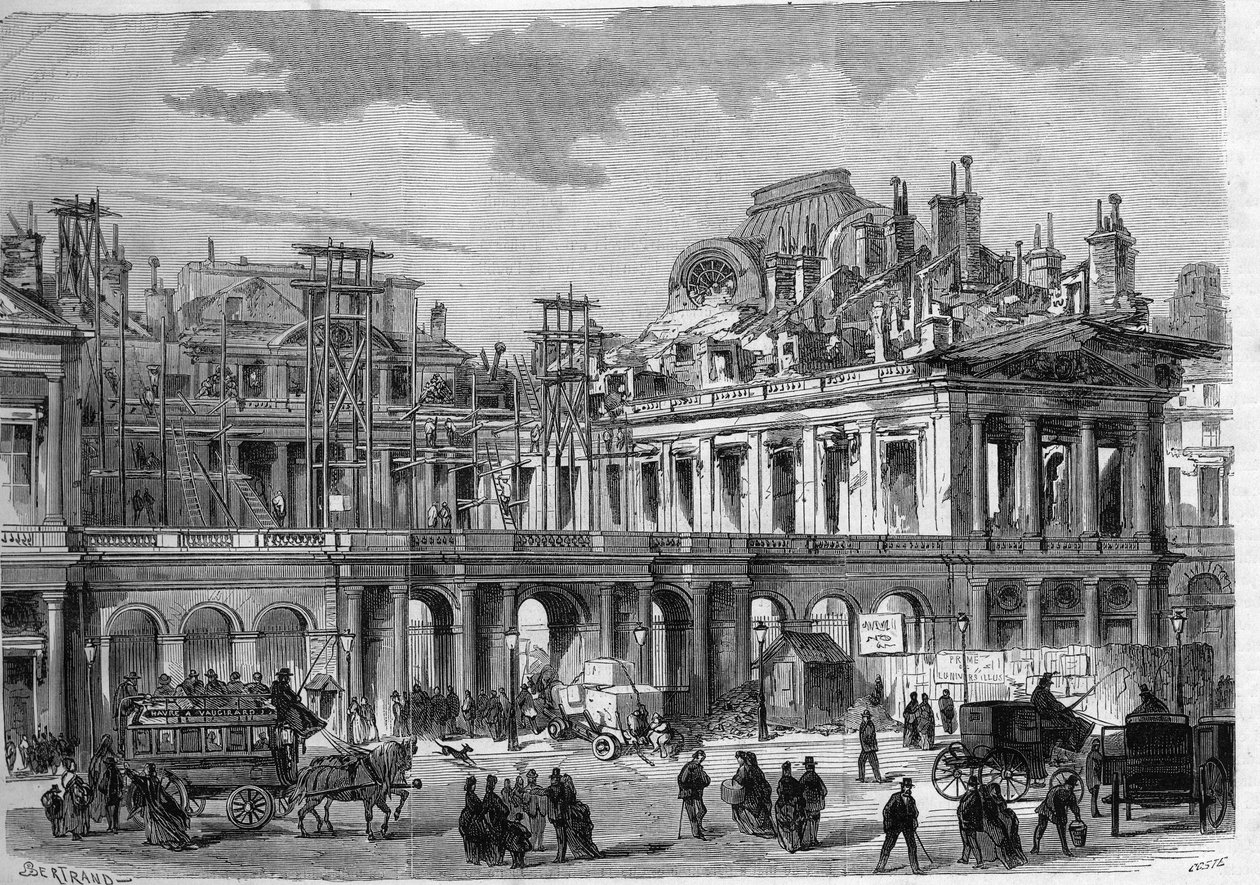 Genopbygningsarbejder af det kongelige palads (Palais-Royal) i Paris. Gravering i "" L