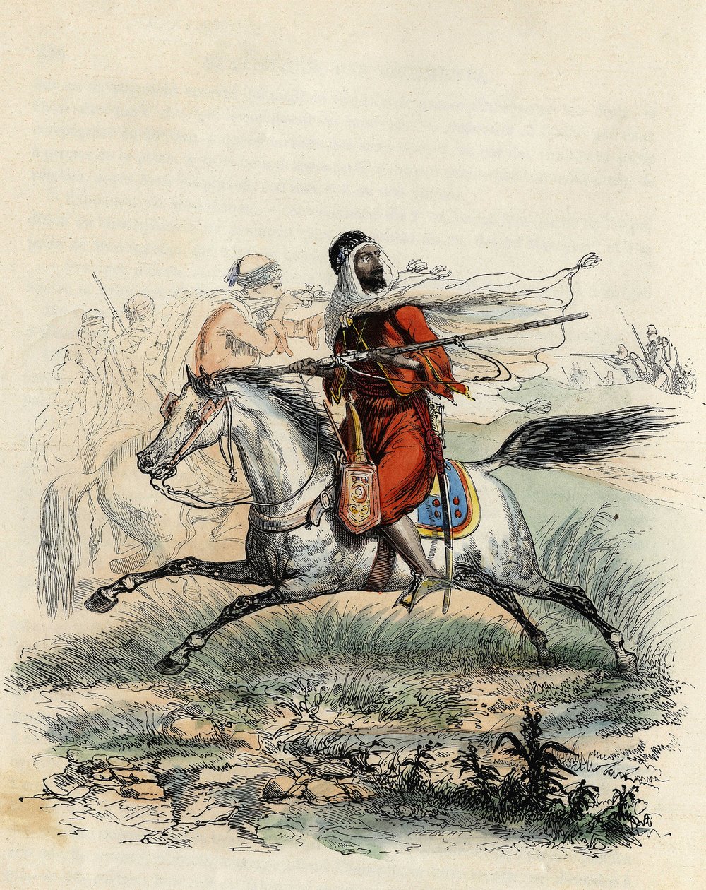 Røde ryttere fra Emir Abd-el-Kader flygtede af jægere til hest fra den franske hær ved Oran i 1841 i "L