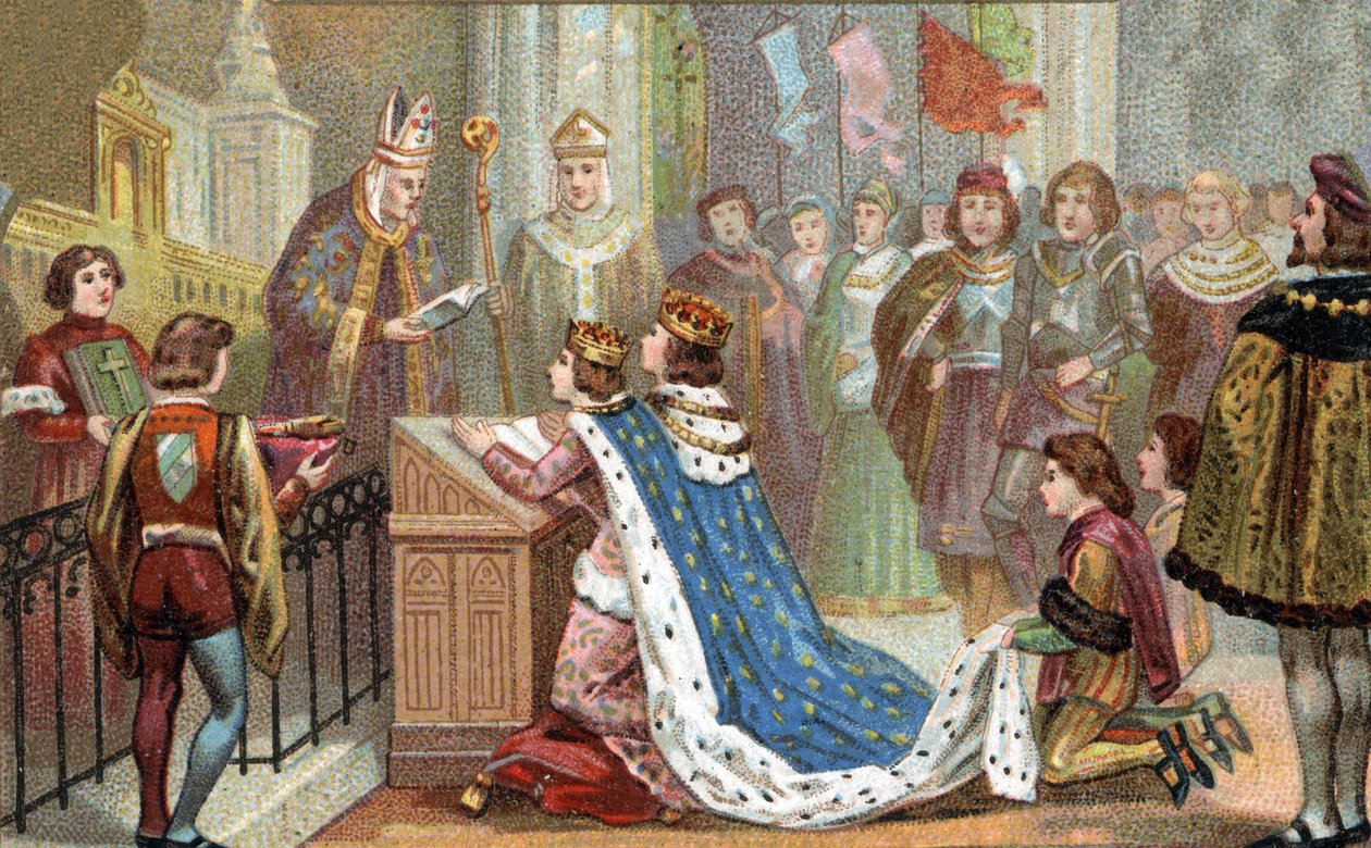 Bretagnes forhold til Frankrig: Ludvig XII (1462-1515) giftede sig med Anne de Bretagne (1477-1514). Deres ægteskab genforenede Bretagne med Frankrig (1499). Kromolitografi i slutningen af det 19. århundrede. af Unknown artist