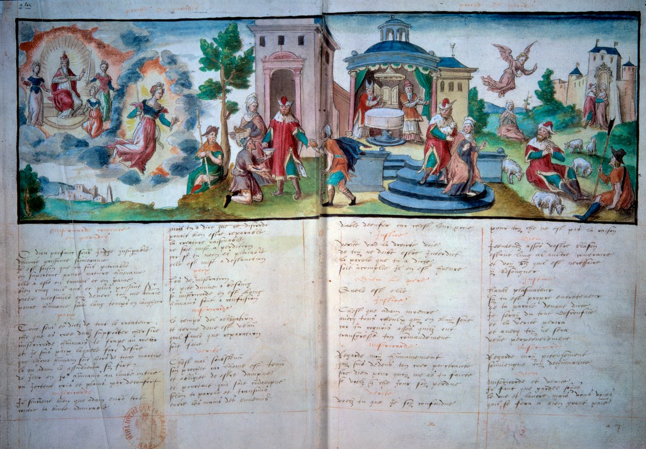 Religiøst Teater: "" Passion and Resurrection"" spillet i Valenciennes i 1547. Manuskriptside med akvarel, Paris, B.N. af Unknown artist