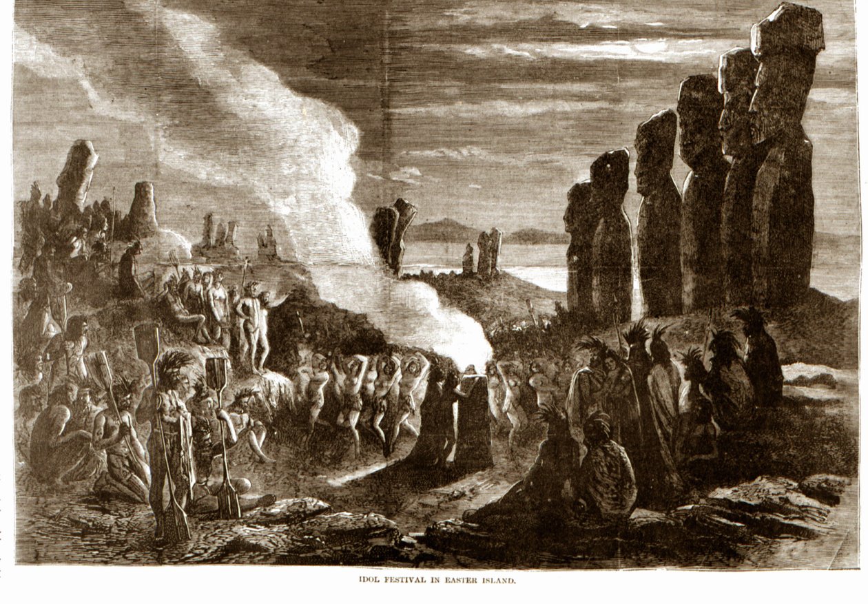 Religiøs ceremoni på Påskeøen (Rapa Nui), Polynesien. 1800-tals gravering. af Unknown artist