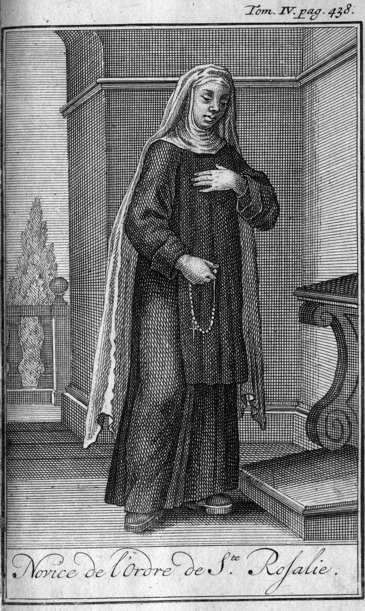 Religiøs orden. Nybegynder af St. Rosalia-ordenen i Palermo på Sicilien i det 17. århundrede. I "" Historien om militære ordener eller riddere, om de sikre og rutineprægede militser af begge køn, som er blevet etableret indtil nu. Udgave taget fra Abbe Giu af Unknown artist