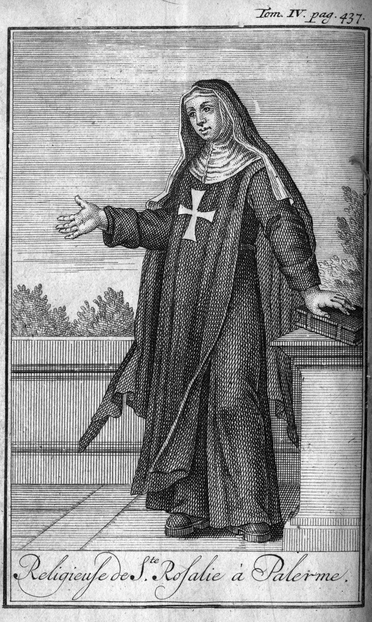 Religiøs orden. Religiøs fra Saint Rosalia i Palermo på Sicilien i det 17. århundrede. I "" Historien om militære ordener eller riddere, om de sikre og rutineprægede militser af begge køn, som er blevet etableret indtil nu. Udgave taget fra Abbe Giustinian af Unknown artist