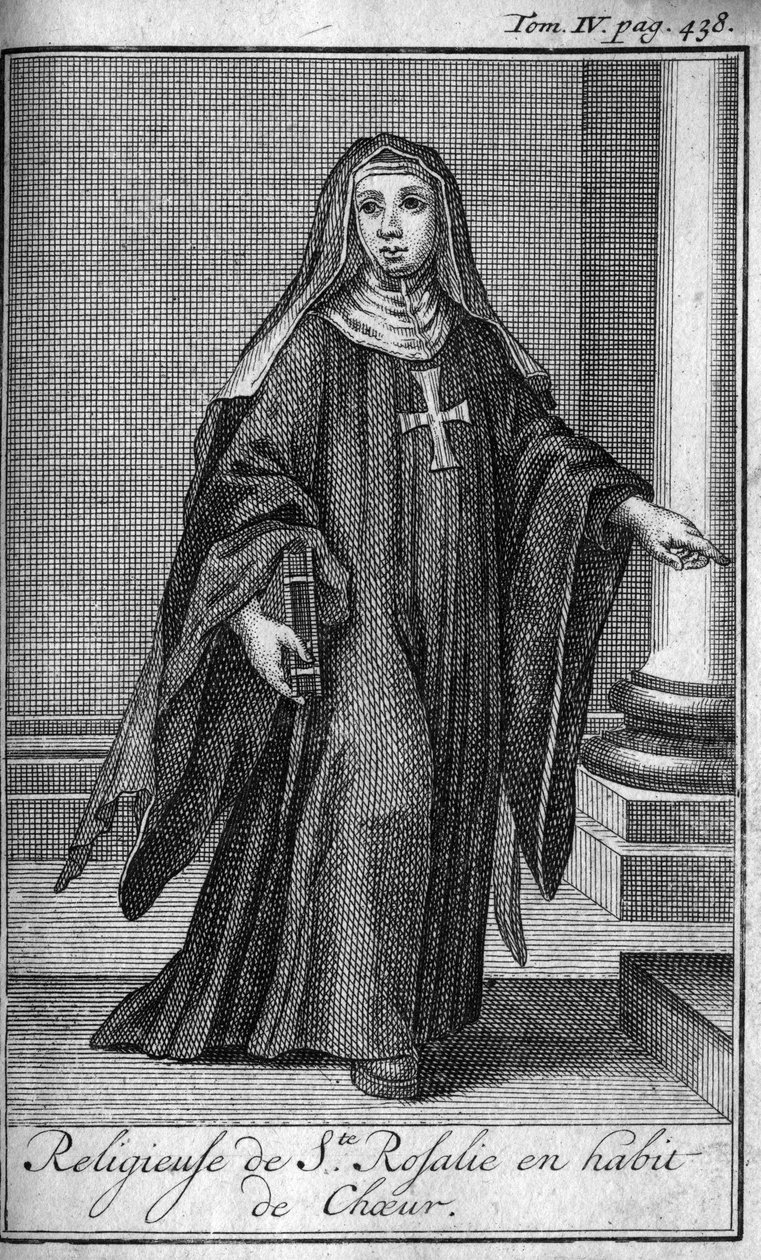 Religiøs orden. Religiøs af Saint Rosalie i kordragt i Palermo på Sicilien i det 17. århundrede. I "" Historien om militære ordener eller riddere, om de sikre og rutineprægede militser af begge køn, som er blevet etableret indtil nu. Udgave taget fra Ab af Unknown artist