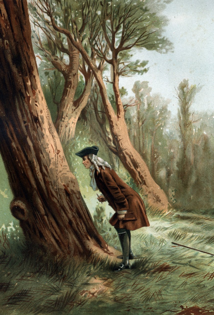 René Antoine Ferchault de Réaumur (1683-1757), fransk fysiker og naturforsker, der studerer caterilles moral.efter "La Ciencia y sus Hombres par Louis Figuier" Barcelona 1881 af Unknown artist