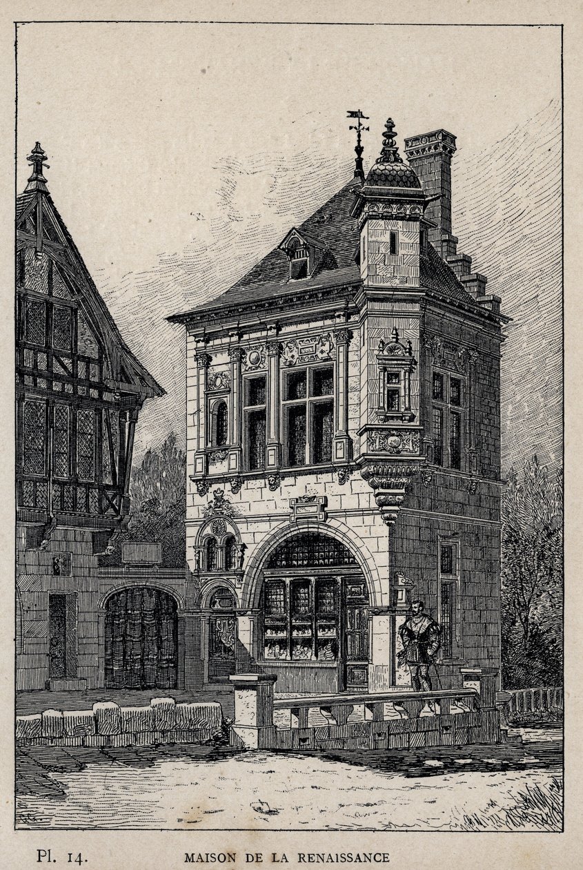 Renæssancehus - indgravering af 1889 i "History of human habitation at the Universal Exhibition of 1889, by Mr Charles GARNIER - Librairie centrale des beaux-arts Paris 1889 af Unknown artist