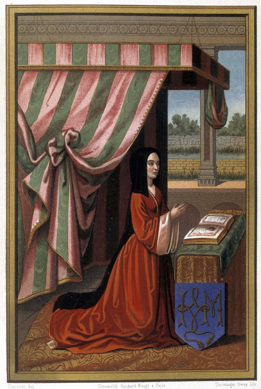 Repræsentation af Anne de France kendt som Anne de Beaujeu (1461-1522) i bøn. Hun er datter af Louis XI og Charlotte de Savoie. Kromolitografi efter belysning. af Unknown artist
