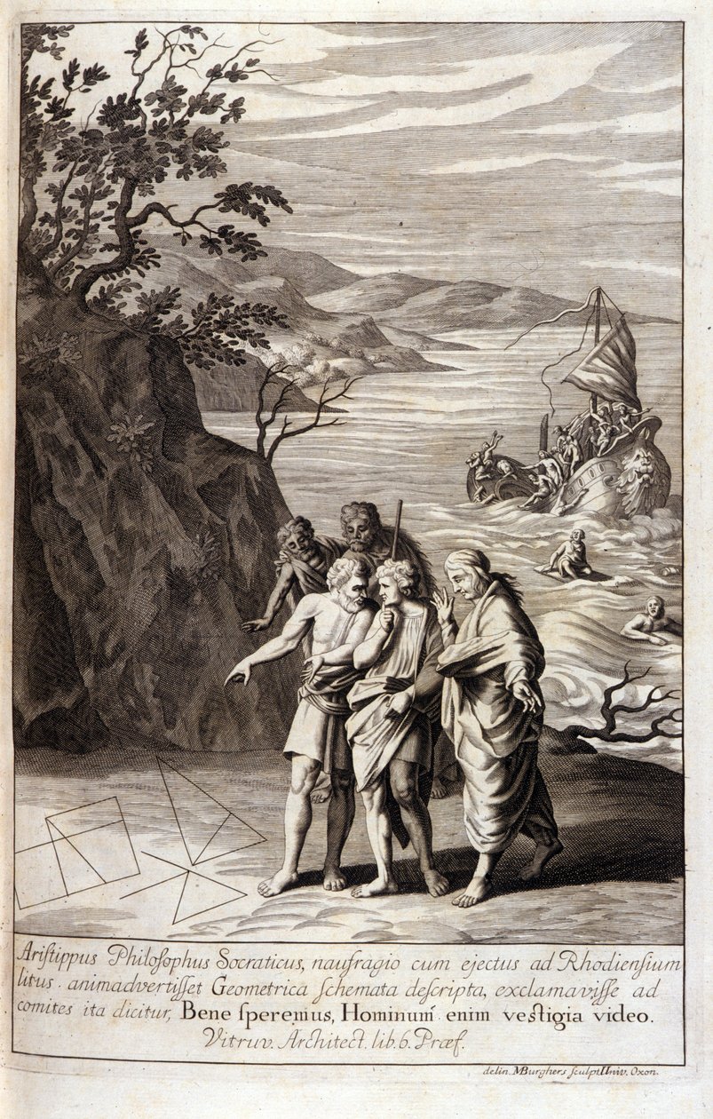 Repræsentation af Aristipus af Kyrene (435-356 f.Kr.) Græsk filosof, discipel af Sokrates, opdager efter skibsforliset, der kastede ham på Rhodos kyst, geometriske spor på sandet. Indgravering fra Bog XV af Euklids "Elementer". 1591 af Unknown artist