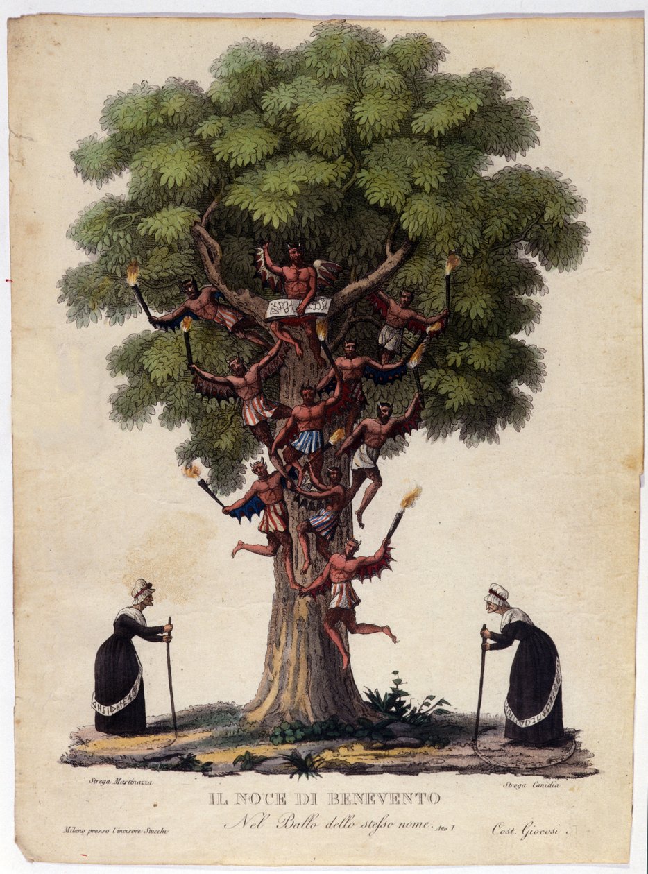 Repræsentation af Benevent-valnød, hekse og dæmoner fra legenden, der inspirerede balletten "Il noce di Benevento"" af den østrigske komponist Franz Xaver Sussmayr (1766-1803). Illustration af det 19. århundrede af Unknown artist
