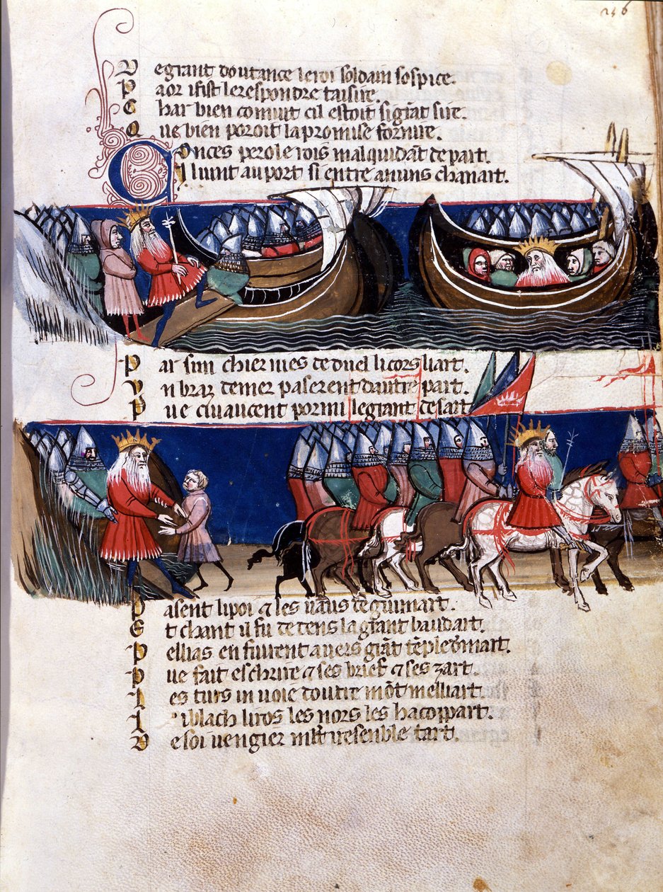 Repræsentation af Karl den Store (742-814) under hans erobringer: han sejler op på et skib og guider ned sine hære. Miniature fra det fransk-italienske manuskript “” Entreée d