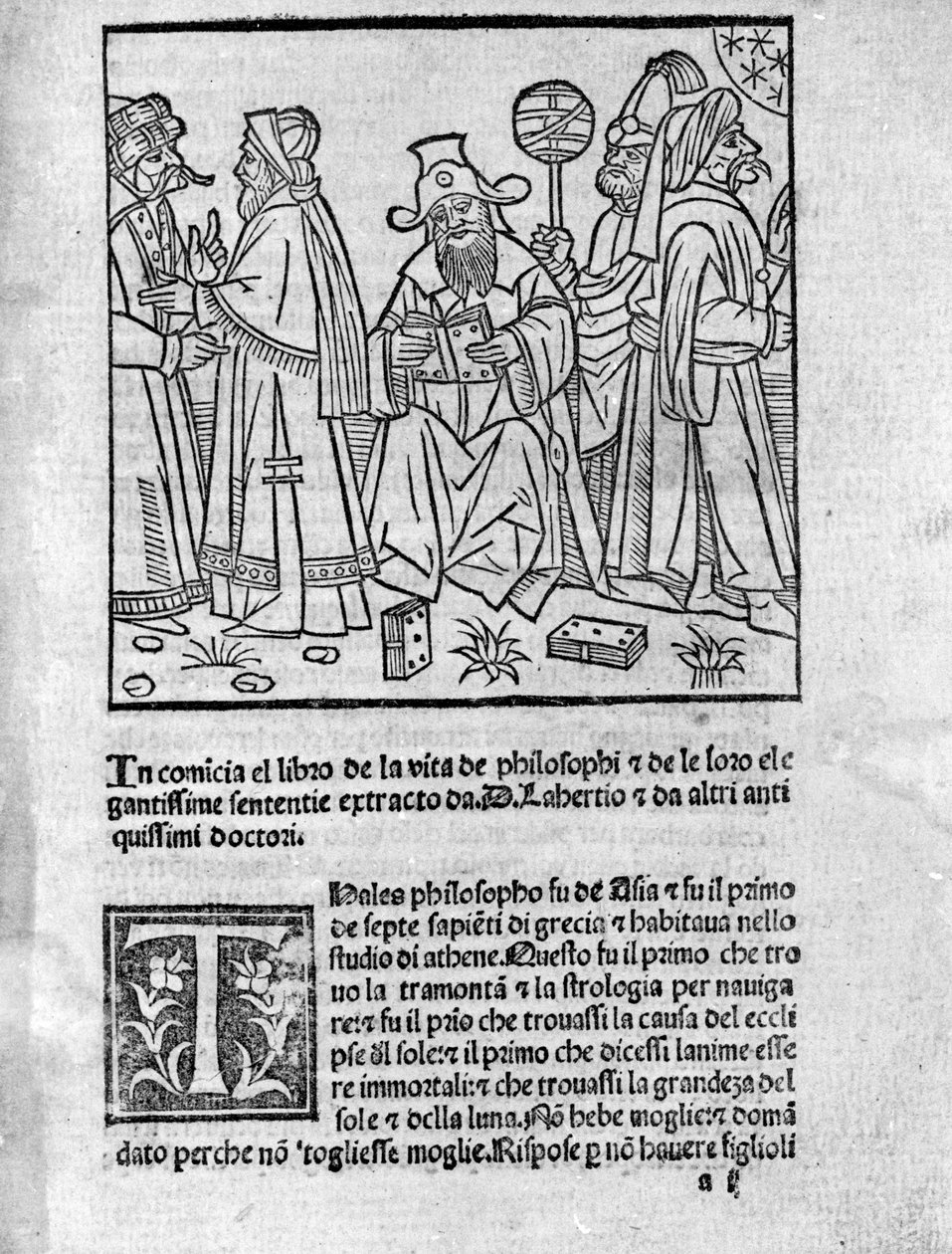 Repræsentation af Diogene Laerce (120-240) (i midten) omgiver forskellige tænkere og filosoffer. Side hentet fra "" liv, doktriner og sætninger fra berømte filosoffer"" (Vitae Philosophorum) af digteren og historikeren Diogene Laerce (120-240) 1495 af Unknown artist