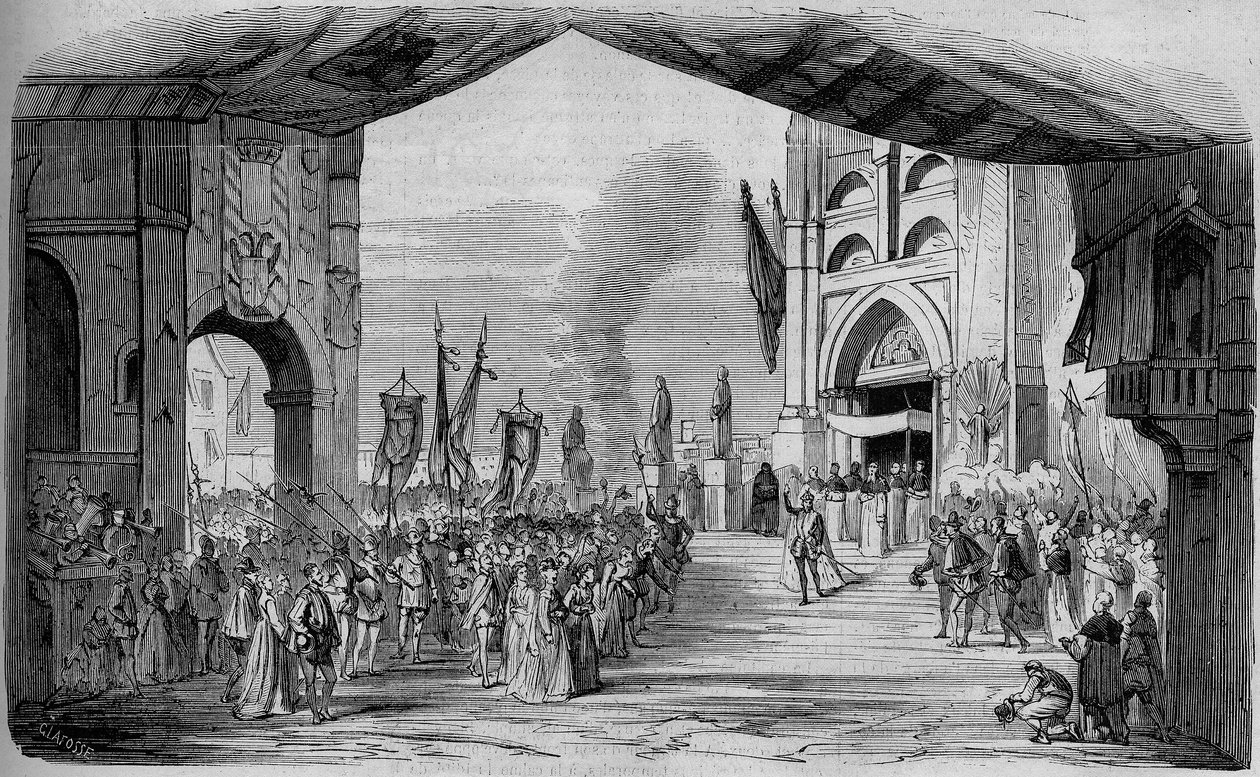 Repræsentation af Don Carlo (Don Carlos) Opera i 5 akter af Giuseppe Verdi i Paris Opera den 11. marts 1867. Car da fe, 3. akt, dekor af Cambon og Thierry. Stik fra 1867. af Unknown artist