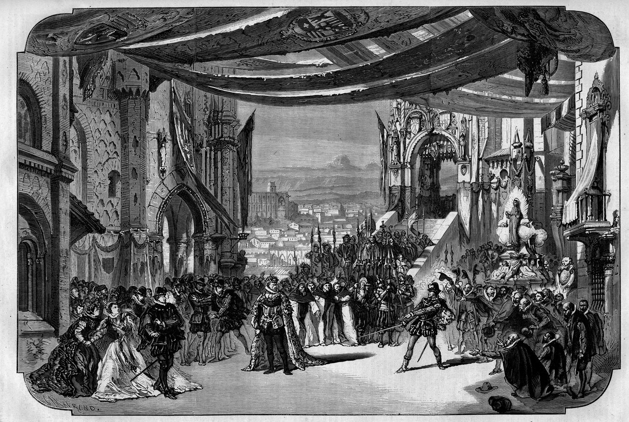 Repræsentation af Don Carlo (Don Carlos) Opera i 5 akter af Giuseppe Verdi i Paris Opera den 11. marts 1867. I Neuvilles tegning tredje akt, fjerde maleri, scene IX. af Unknown artist