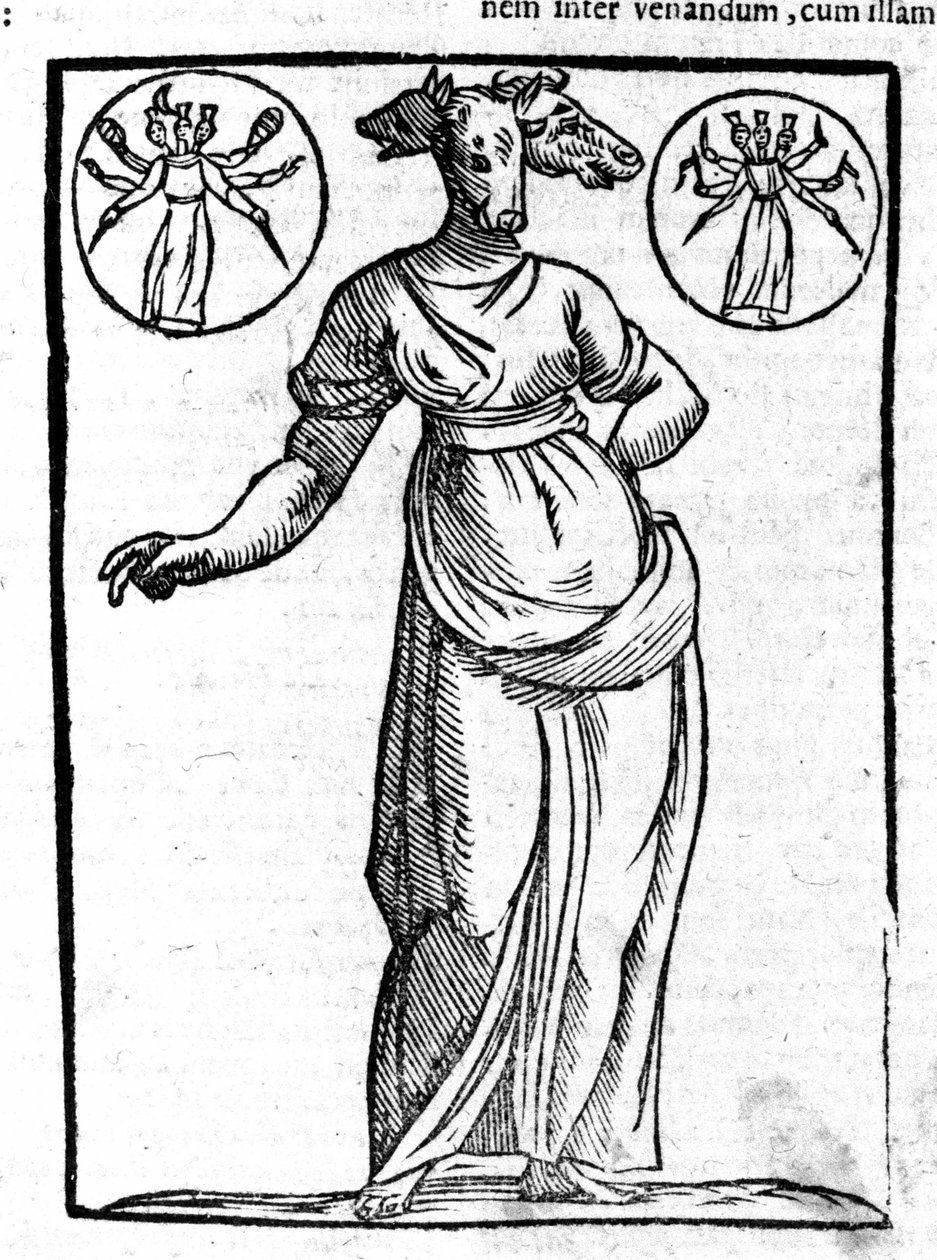 Repræsentation af Hecate, græsk ond guddom, som blev rejst ved korsvejen, havde normalt tre hoveder. Stik af det 17. århundrede. af Unknown artist