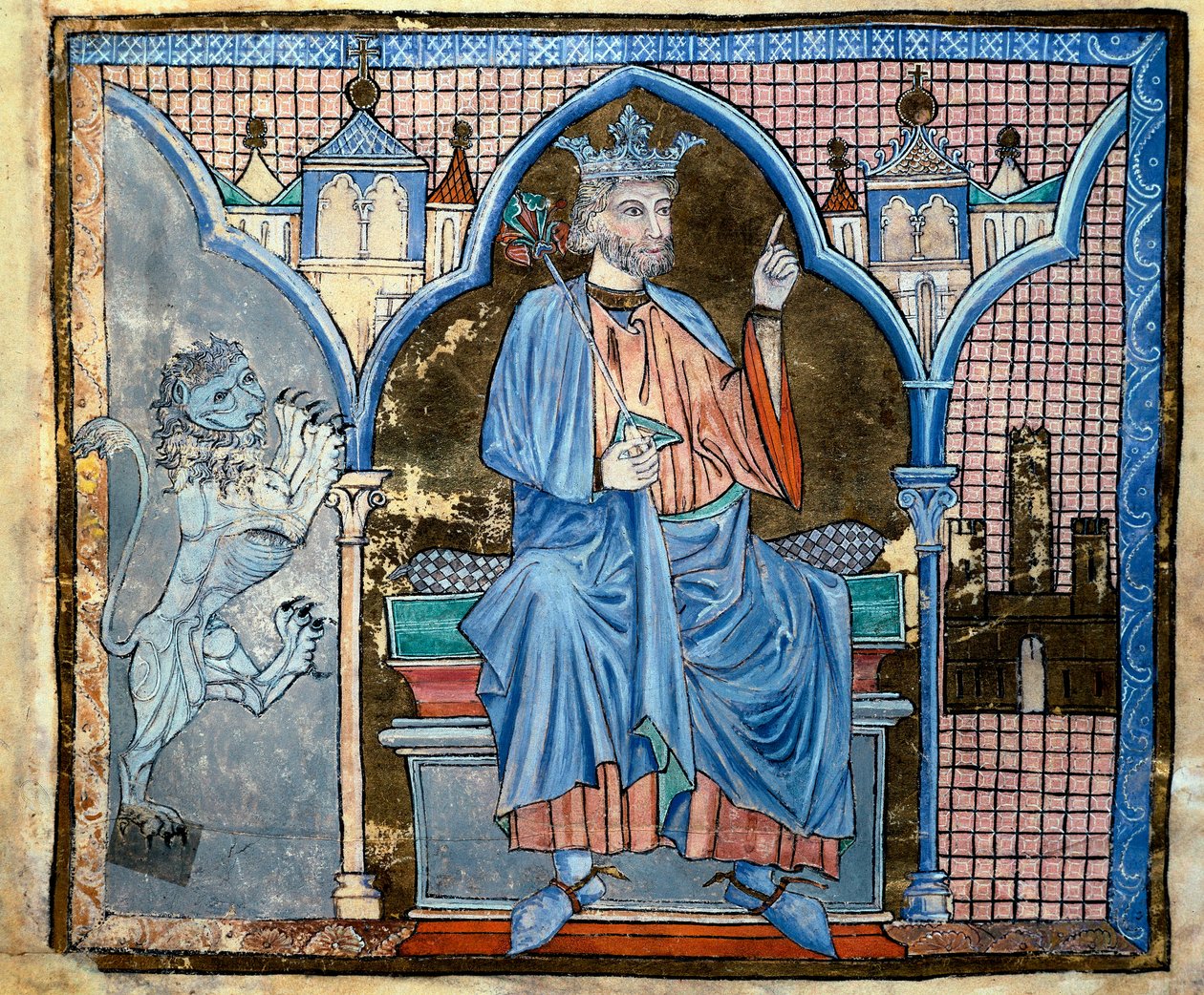 Repræsentation af kong Ferdinand III af Castilla eller Sankt Ferdinand (1199-1252) Miniature taget fra manuskriptet "Indeks over kongelige privilegier"" fol. 66 v. 13. århundrede Santiago de Compostela (Santiago de Compostela) (Santiago de Compostela), ark af Unknown artist
