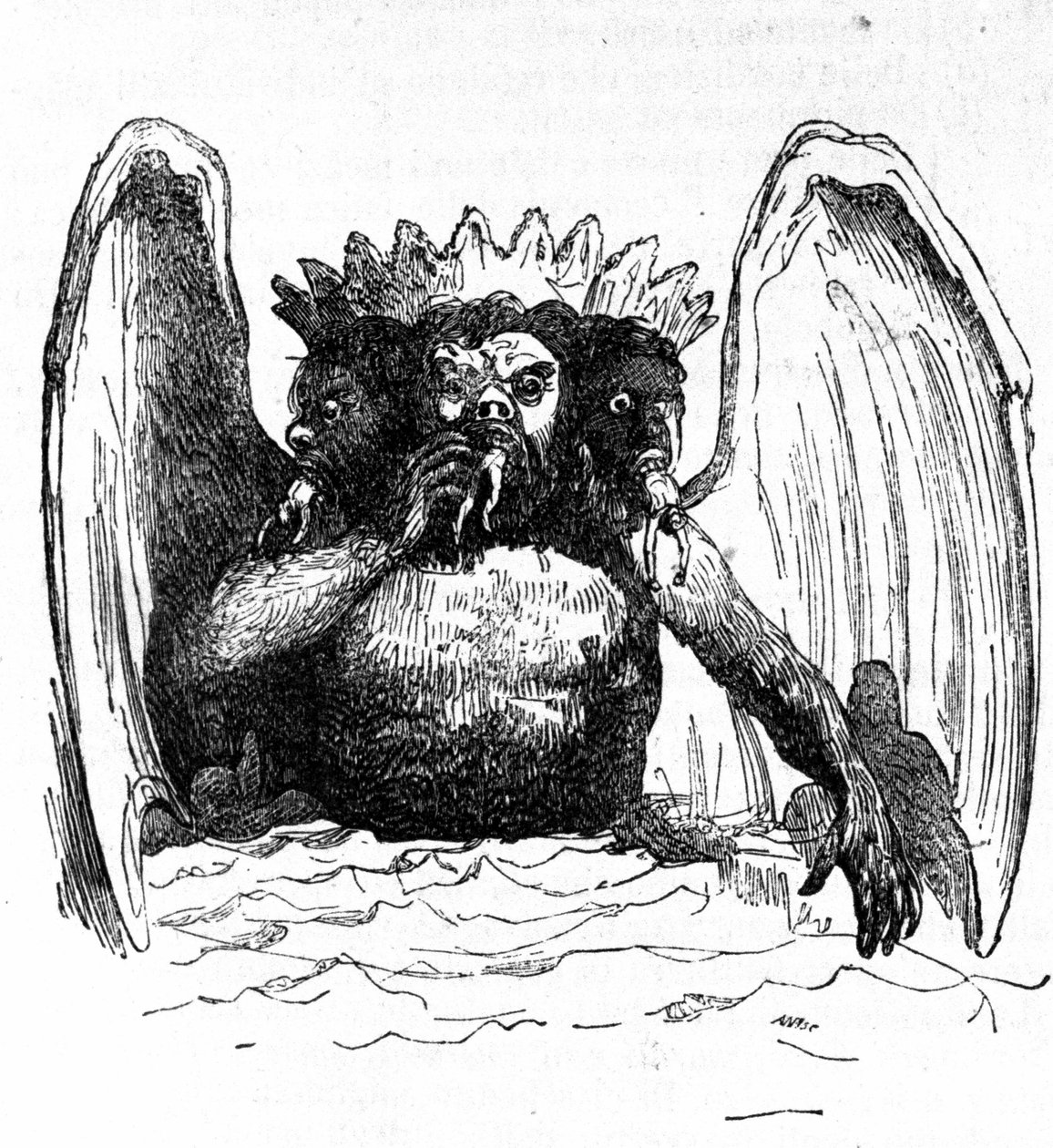 Repræsentation af Lucifer i Dantes helvede, der fortærer de fordømte. af Unknown artist