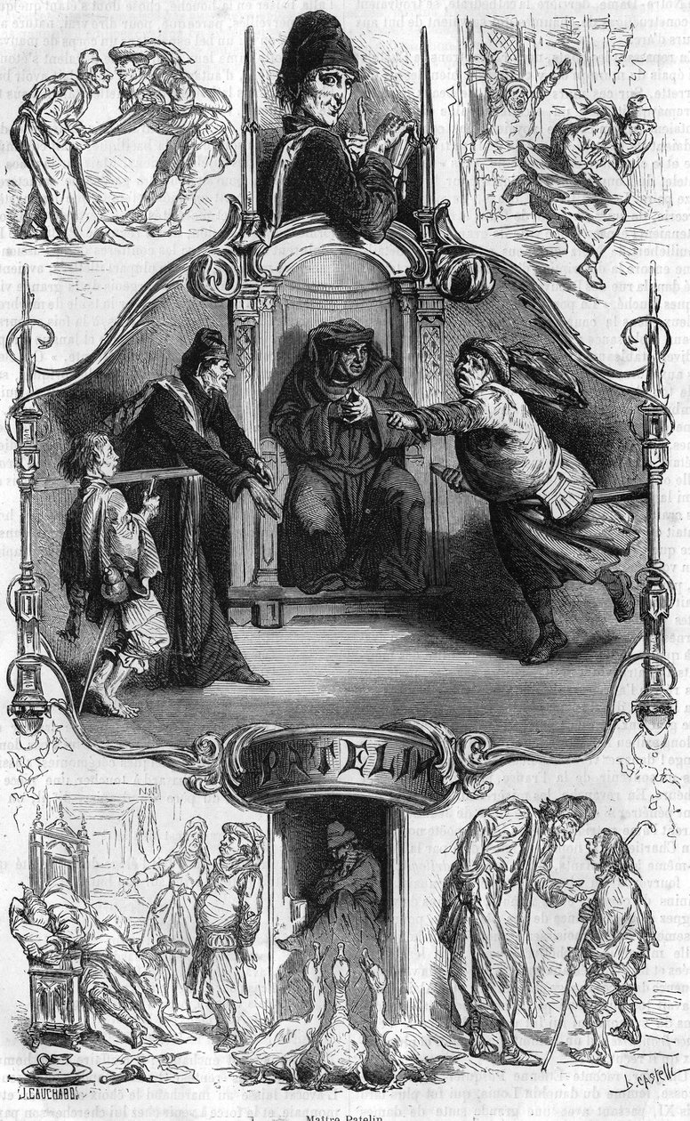 Repræsentation af Master Patelin, berømt for "Farce of Master Patelin", som fortæller en advokats og hans hyrdeklients uheld. Indgravering af det 19. århundrede. af Unknown artist