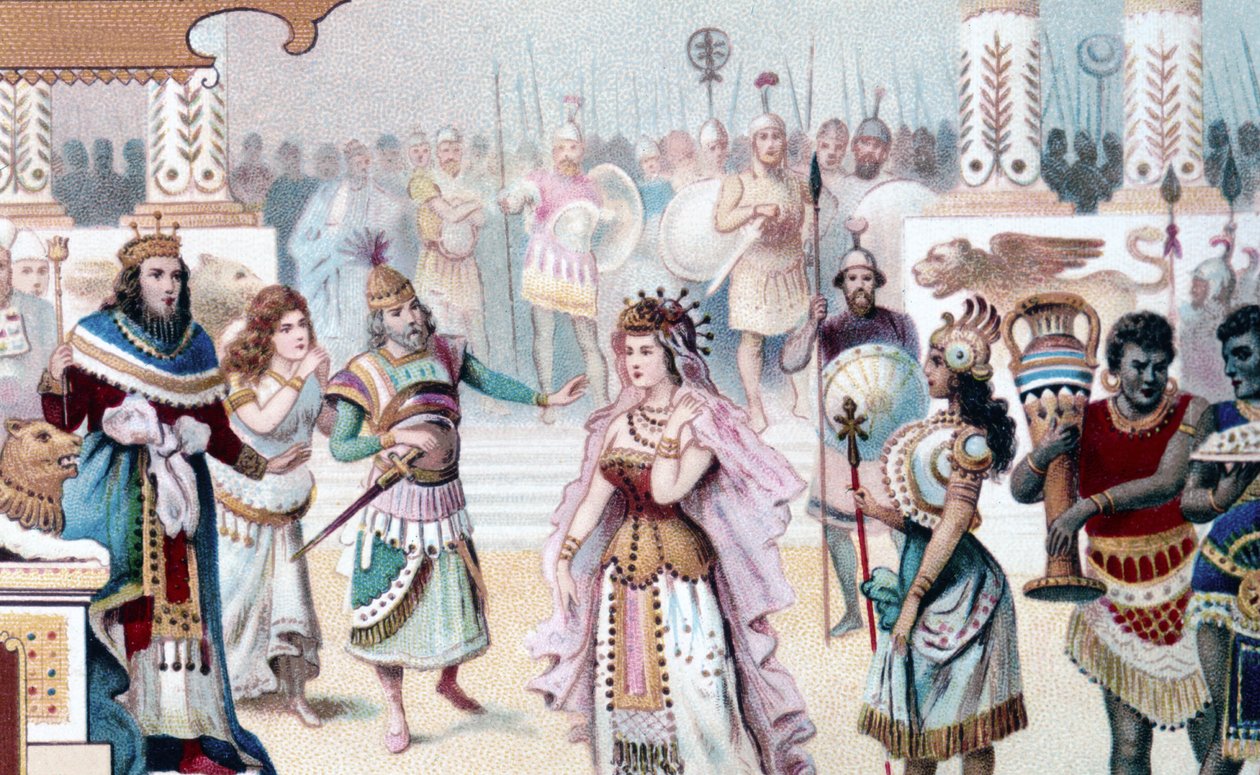 Repræsentation af Scene 1 i 1. akt af "Dronningen af Saba", opera komponeret af Karl Goldmark (1830 - 1915). kromolitografi fra det 19. århundrede. af Unknown artist