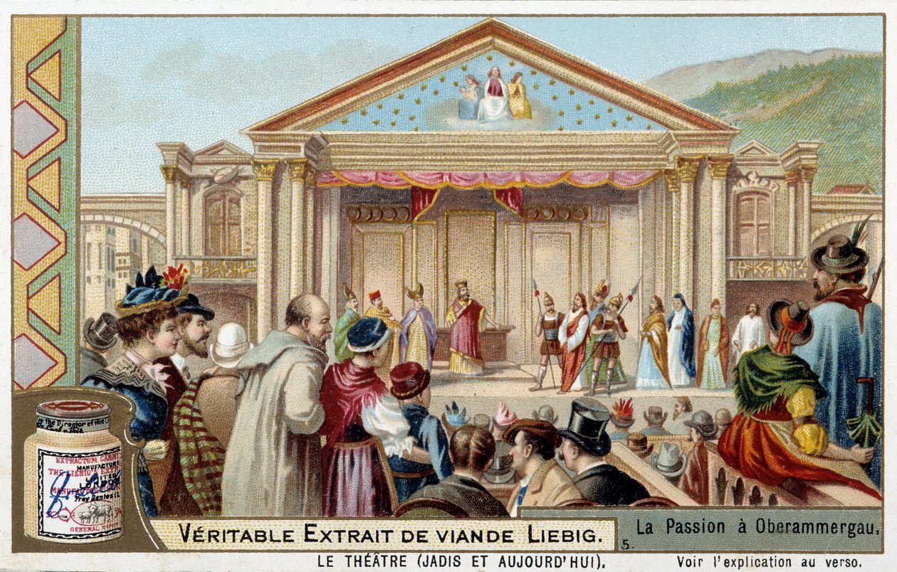 Repræsentation af et lidenskabsspil i Oberammergau (Tyskland) - Liebig-kromolitografi af Unknown artist