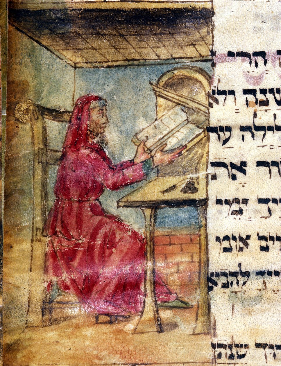 Repræsentation af en rabbiner, der studerer de hellige skrifter. miniature fra 1400-tallets håndskrift. Biblioteca Estense Modena af Unknown artist