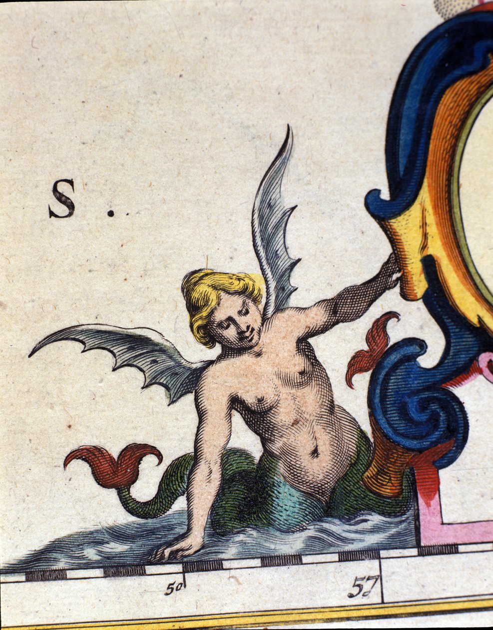 Repræsentation af en sirene ailee. Detalje af "" Atlas novus"" 1642 af Unknown artist