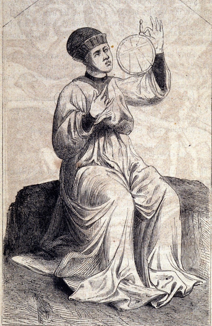 Repræsentation af en astrolog ved hjælp af et astrolabium i det 15. århundrede. Gravering fra "" De machinis Bellicis"" (Behandlingssædemaskiner). af Unknown artist