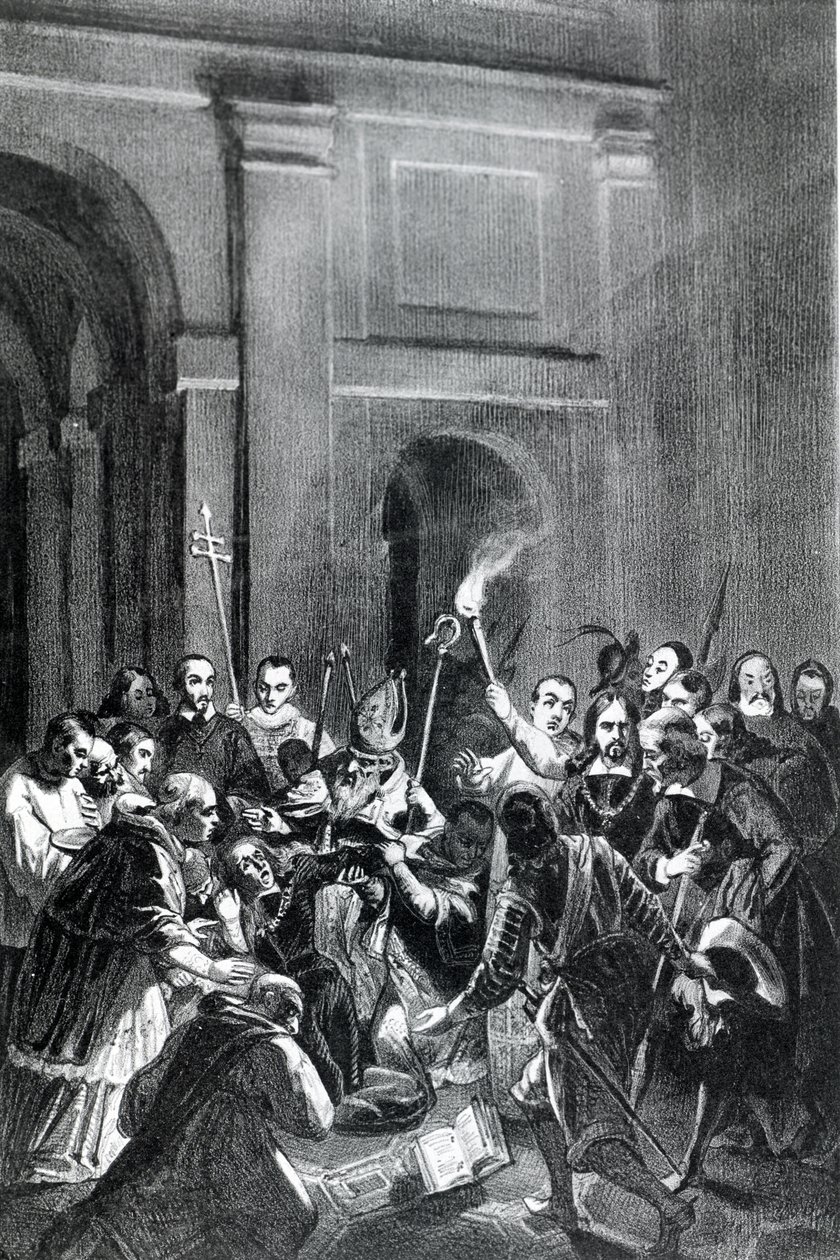 Repræsentation af en eksorcismescene. 1800-tals illustration. af Unknown artist