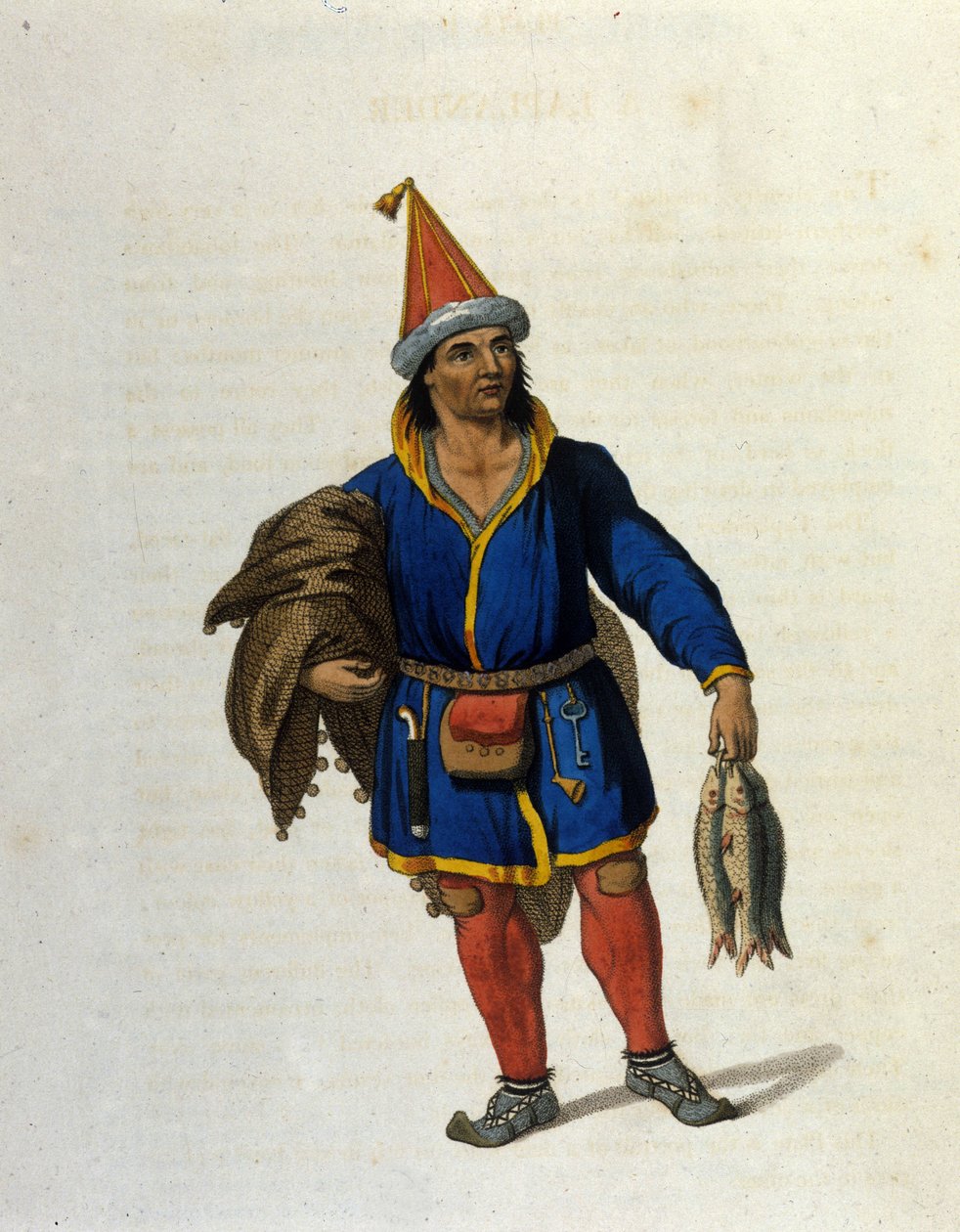 Repræsentation af en indfødt same (der bor i Norge, Sverige, Rusland, Finland), der vender tilbage fra fiskeri. Indgravering af det 19. århundrede af Unknown artist