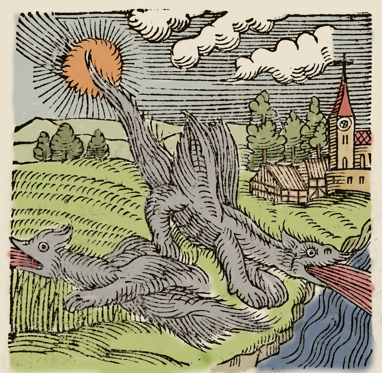 Repræsentation af basilikkerne på flugt brændende hvedemarker. Indgravering fra "Prodigiorum ac ostentorum chronicon" af Conrad Lycosthenes (1518-1561). 1557. af Unknown artist