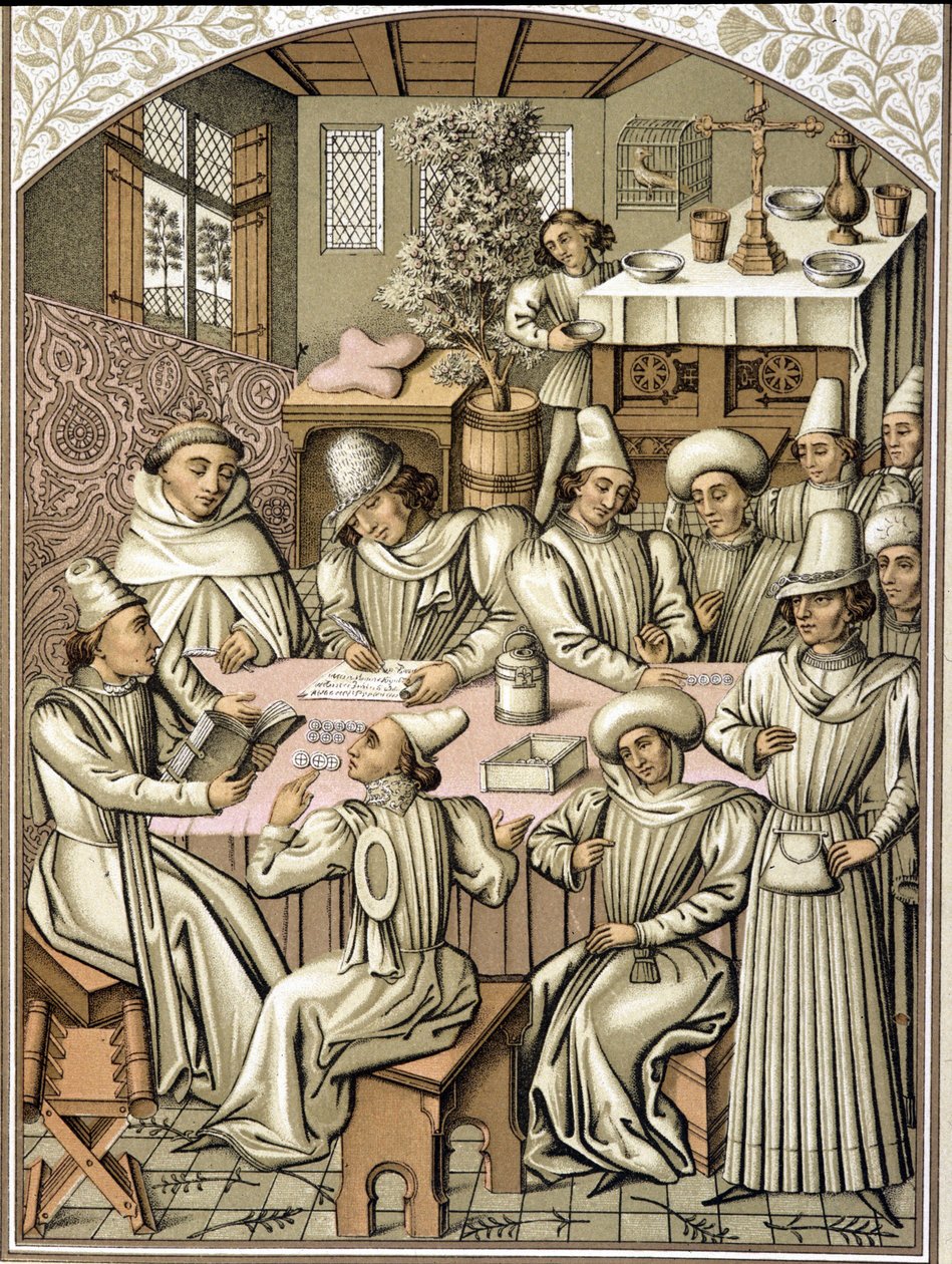 Repræsentation af embedsmænd i 1300-tallet. kromolitografi fra regnskabet for broderskabet "Dio e Nostra Signora"" af Unknown artist