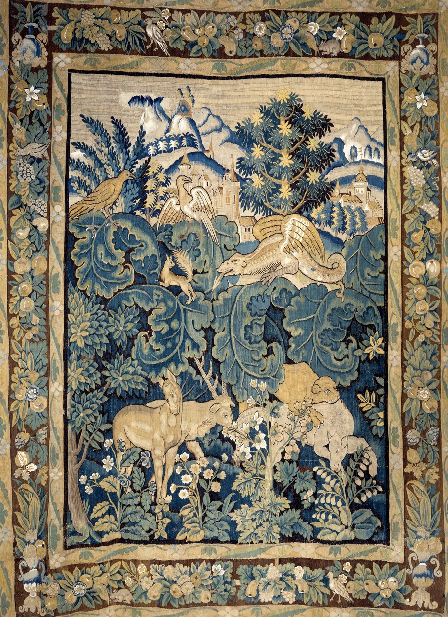 Repræsentation af fantastiske dyr i en urskov. 1400-tals gobelin. Angers, slotsmuseum af Unknown artist