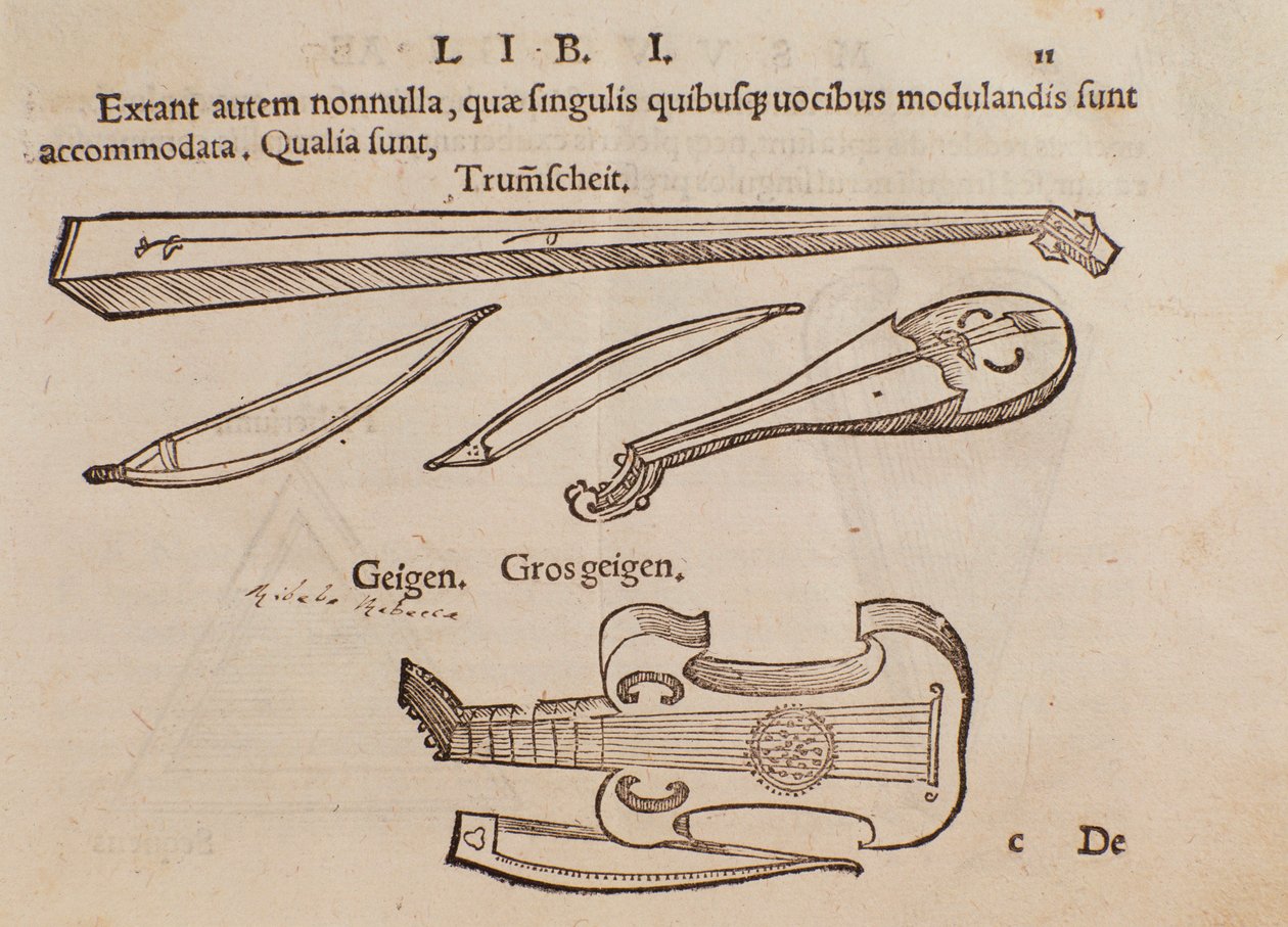 Repræsentation af strengeinstrumenter og bueskytte. Side taget fra Musurgias praktiske musikhåndbog af Unknown artist