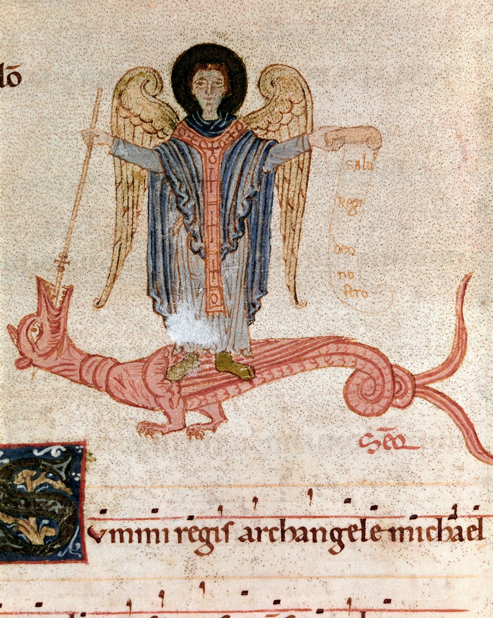 Repræsentation af ærkeenglen Sankt Michael og dragen Miniature fra en gradvis antifonær (tropair) (ms. 65) Plaisance fra det 12. århundrede, Biblioteca Capitolare af Unknown artist