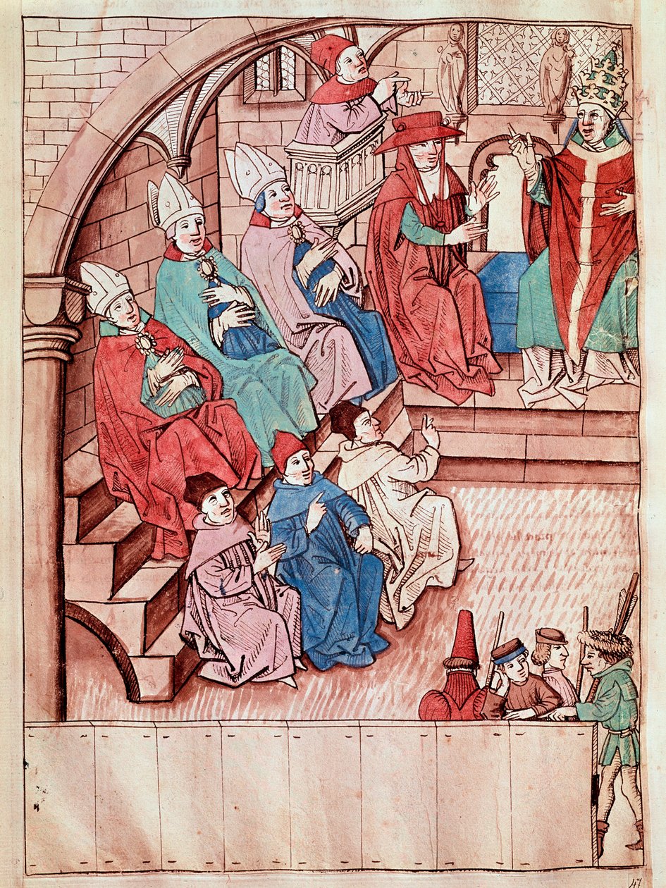 Repræsentation af Konciliet i Konstanz mellem 1414 og 1418, øverst Pave Martin V (Udsigt over Konciliet i Konstanz, ca. 1417) Miniature taget fra "Krønikker fra Konciliet i Konstanz" af Ulrich Richental (1360-1437) 1438 omkring Prag, Nati af Unknown artist
