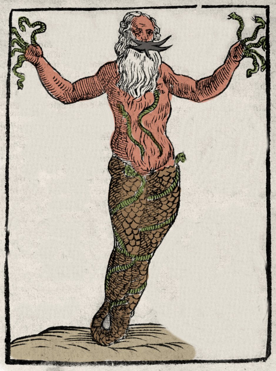 Repræsentation af den græske gud Typhoon (eller Typhee). Gravering fra "Mytologi eller forklaringer af historier" givet af Natalis Comitis. 1637 af Unknown artist