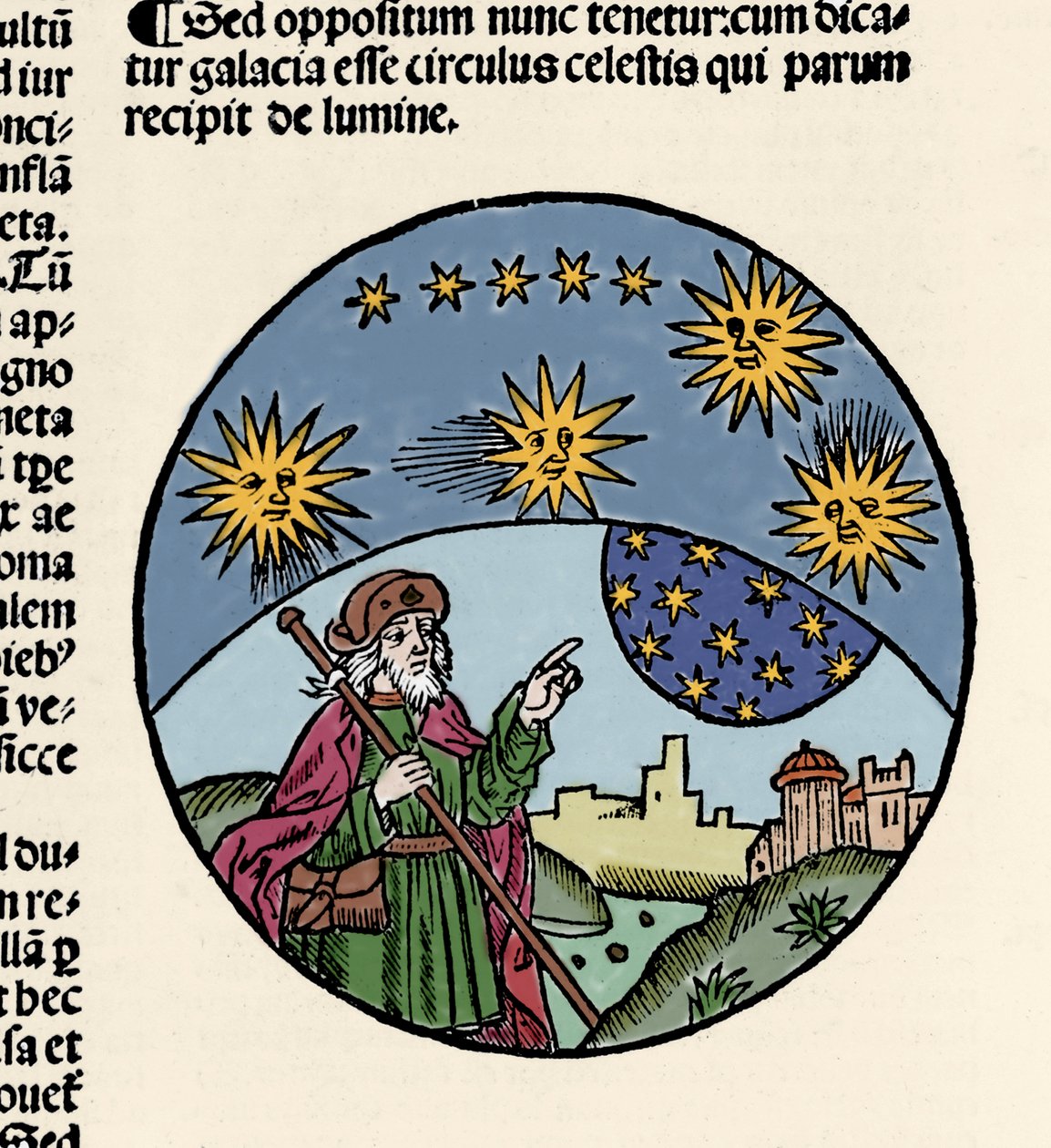 Repræsentation af den græske filosof Aristoteles (384-322 f.Kr.), der angiver stjernerne. Gravering fra fysikkens vandring ""Textus abbreviatus Aristotelis super octo liris Physicorum & tota naturalis philosophia""" af Thomas Bricot (d. 1516). 1496 af Unknown artist