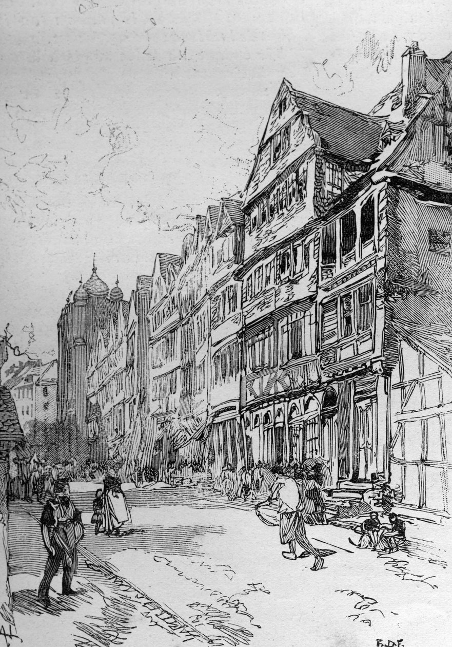 Repræsentation af den jødiske gade i Frankfurt, Rothschild-familiens fødested. Indgravering i ""The Illustrous World"" af Unknown artist