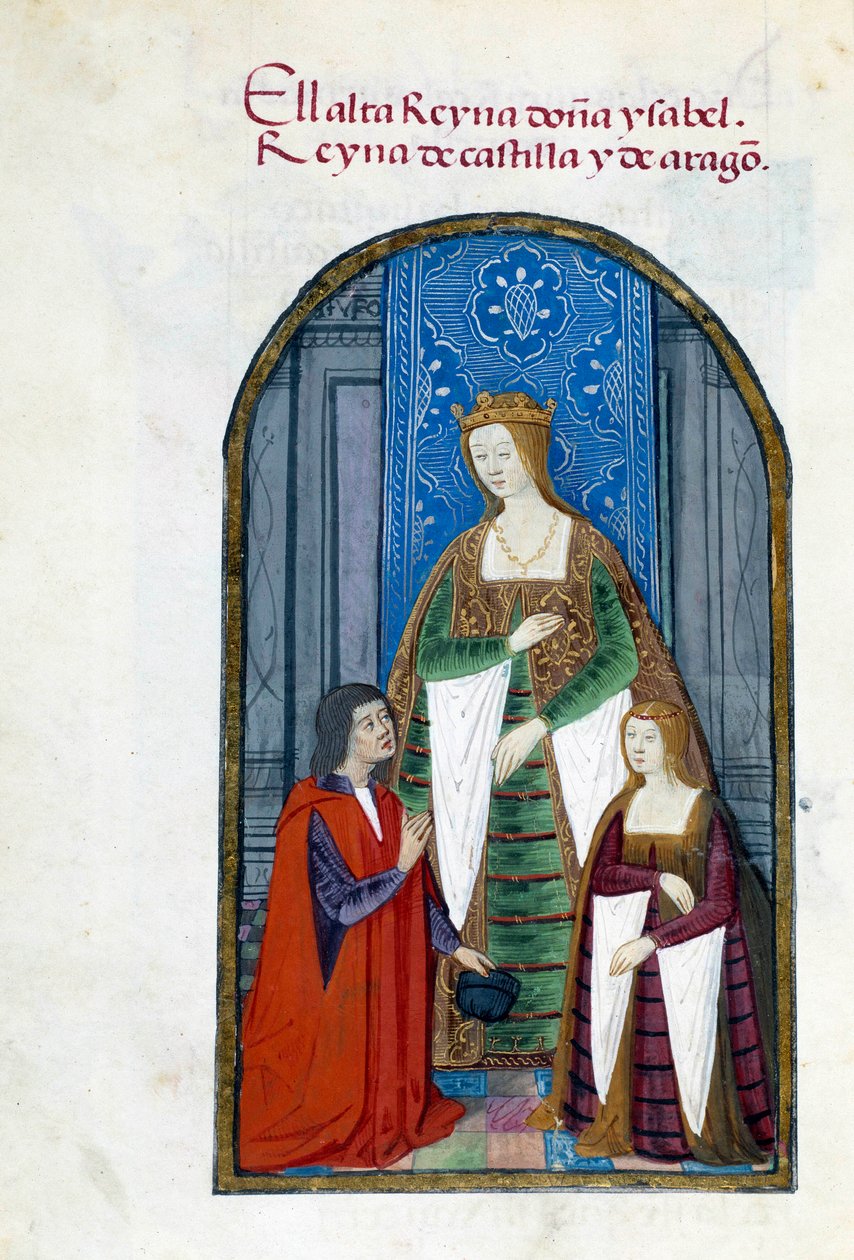 Repræsentation af dronningen af Spanien Isabella den katolske (1451-1504), hendes datter Jeanne Iere the Folle (1479-1555) og Pedro Marcuello. Manuskriptside taget fra "" Samling af hengivenhed af dronning Joan the Folle (1479-1555) af Spanien"" af Pedro M af Unknown artist